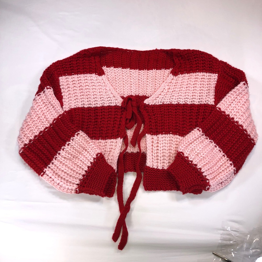 Cider Red Pink Striped Chunky Knit Cropped Tie Front Cardigan Sweater Medium